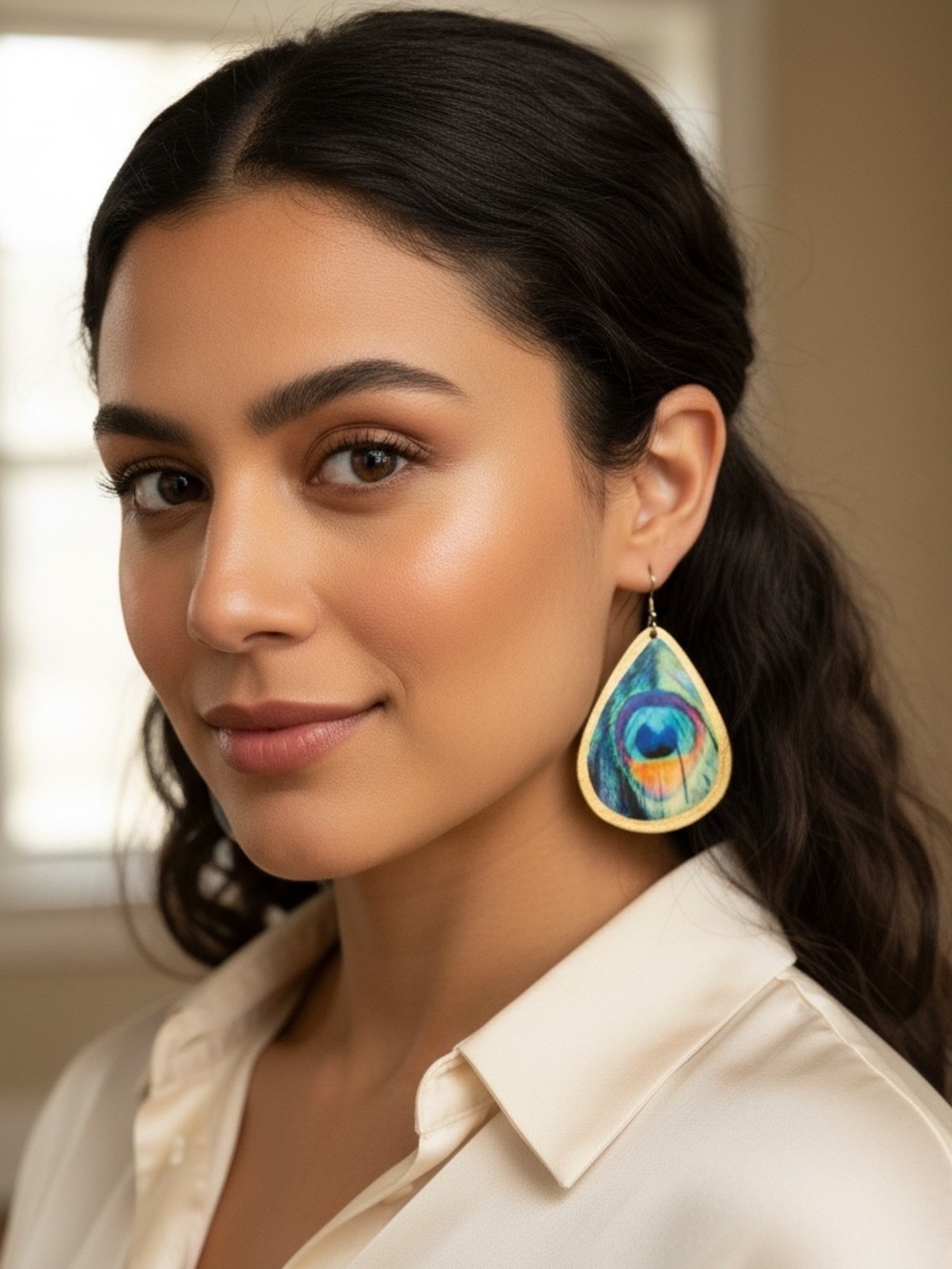 Source Unknown Teardrop Peacock-Inspired Earrings - Blue & Green